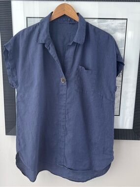 CoastalAesthetic Blue 100% Linen Cap Sleeve Shirt Women L Coastal Grandma